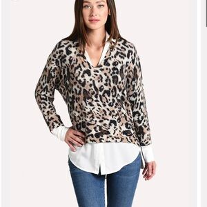 BROCHU WALKER Layer Looker V-Neck Pullover Sweater Button Down Blouse Leopard